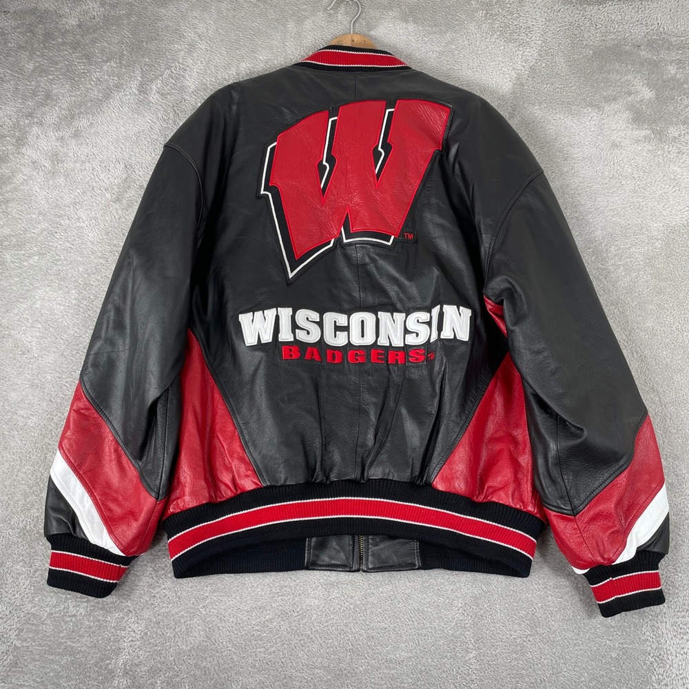 Wisconsin Badgers Jacket Mens Large Black Leather Varsity Vintage G-III Bomber
